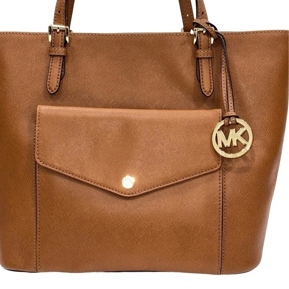 Michael Kors MK Tote Bag Jet Set Large Leather Pocket Color Luggage - Picture 4 of 16